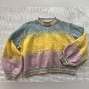 Storia Pastel Rainbow Sweater with Puff Sleeve, Womens Medium, Blue/Yellow/lilac